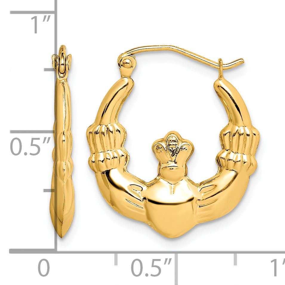 10K Yellow Gold 21.25mm x 3mm Claddagh Round Hoop Earrings