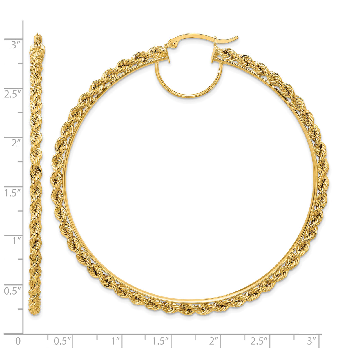 10K Yellow Gold 70mm x 2.95mm Diamond Cut Rope Round Hoop Earrings