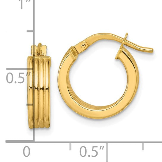 10K Yellow Gold 15.75mm x 4mm Polished Grooved Round Hoop Earrings