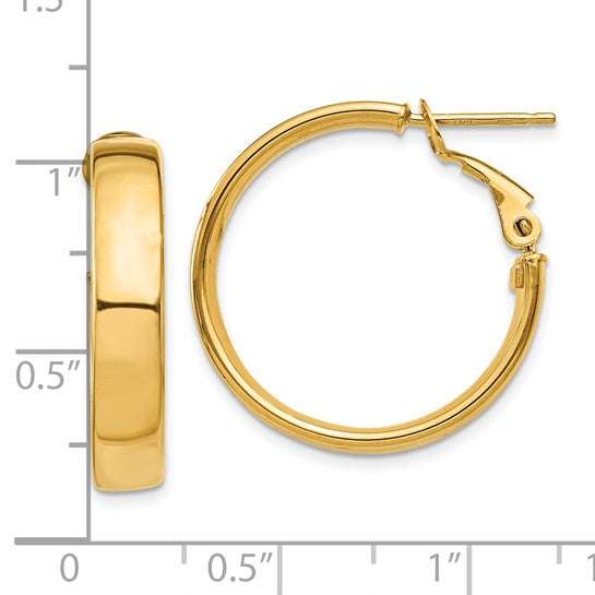 10k yellow gold square tube round hoop omega back earrings 23mm x 5mm