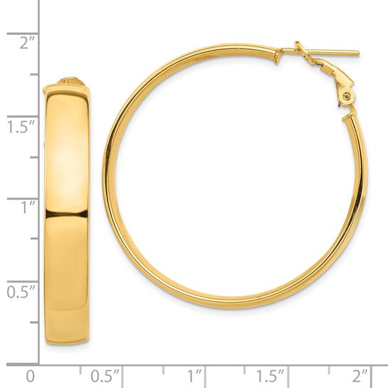 10k yellow gold square tube round hoop omega back earrings 40mm x 7mm