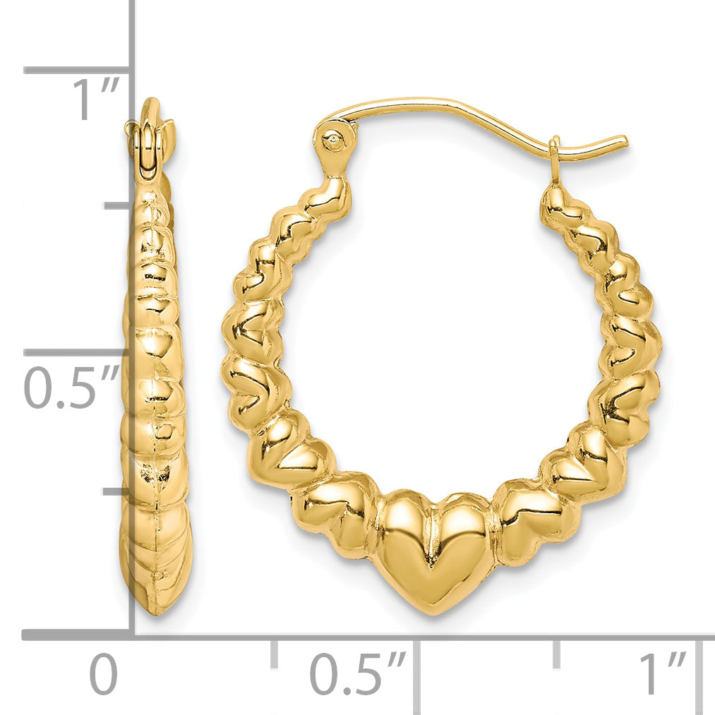 10K Yellow Gold 15mm x 3mm Scalloped Heart Round Hoop Earrings