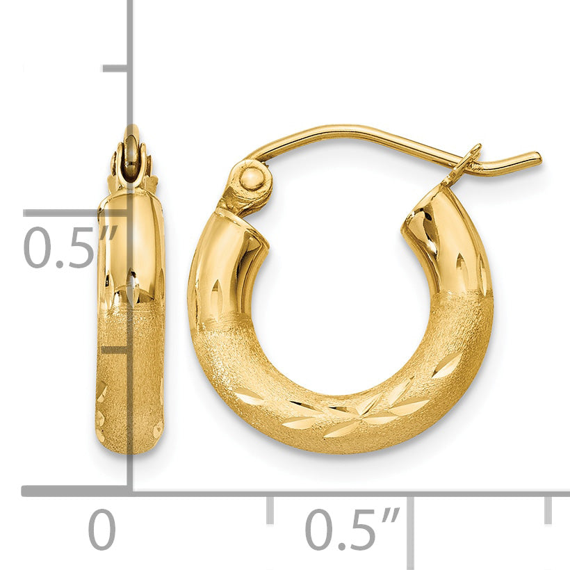 10K Yellow Gold 14mm x 3mm Satin & Diamond Cut Round Hoop Earrings
