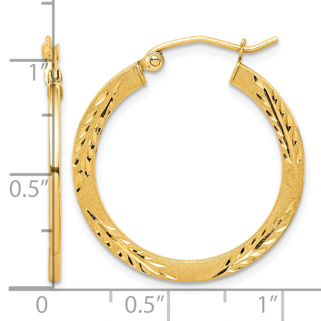 10K Yellow Gold 26mm x 1.5mm Satin Diamond Cut Round Hoop Earrings