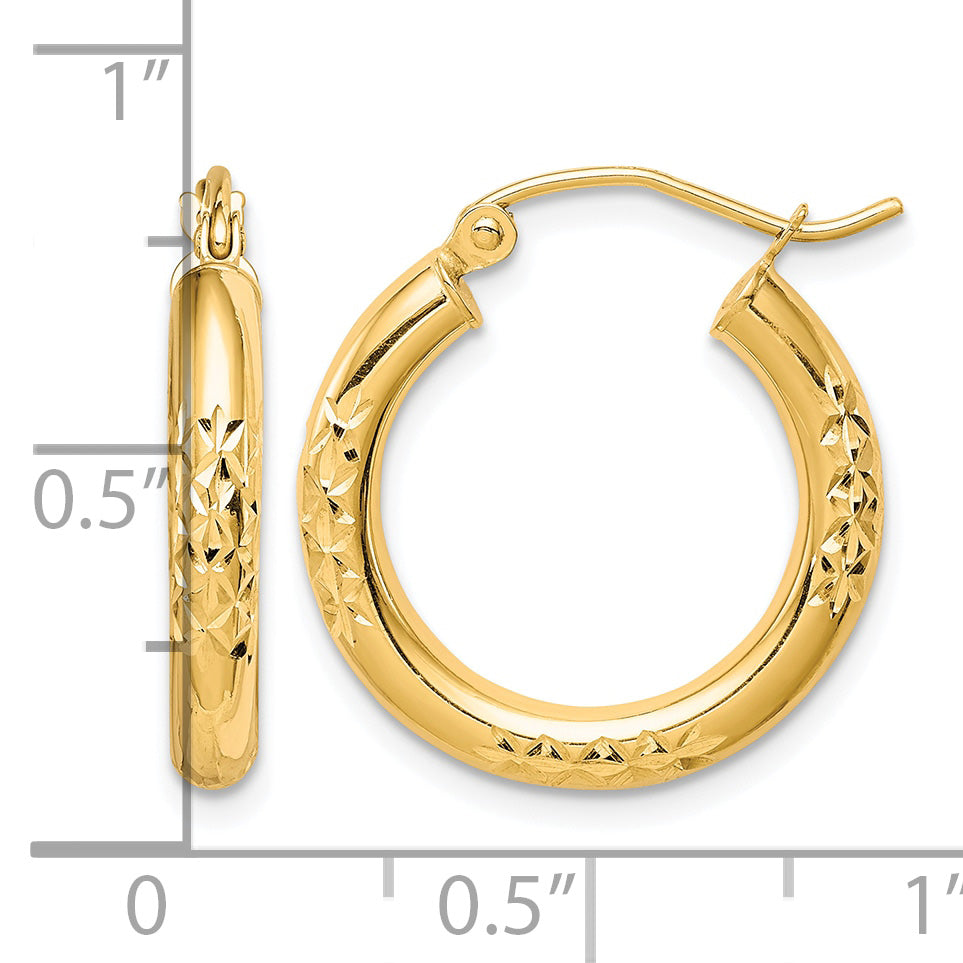 10K Yellow Gold 20mm x 3mm Diamond Cut Round Hoop Earrings
