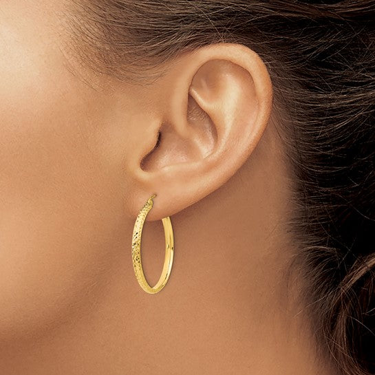 14k yellow gold diamond cut round hoop earrings 30mm x 2.5mm