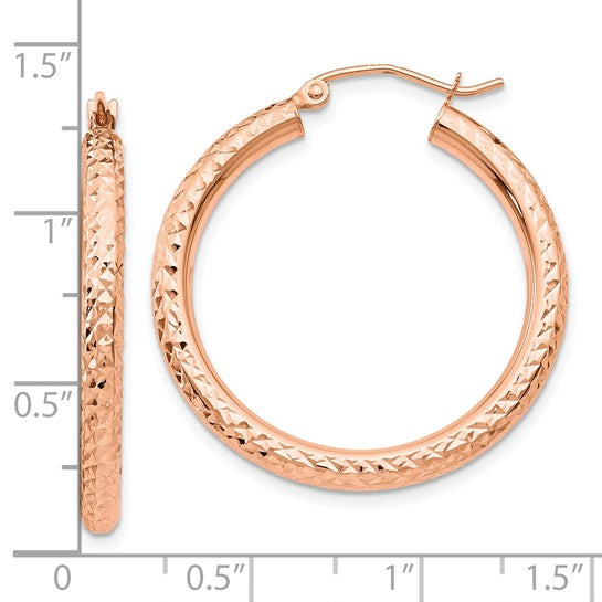 10k rose gold diamond cut round hoop earrings 30mm x 3mm