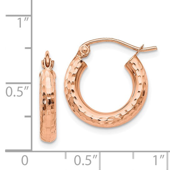 14k rose gold diamond cut textured classic round hoop earrings 15mm x 3mm