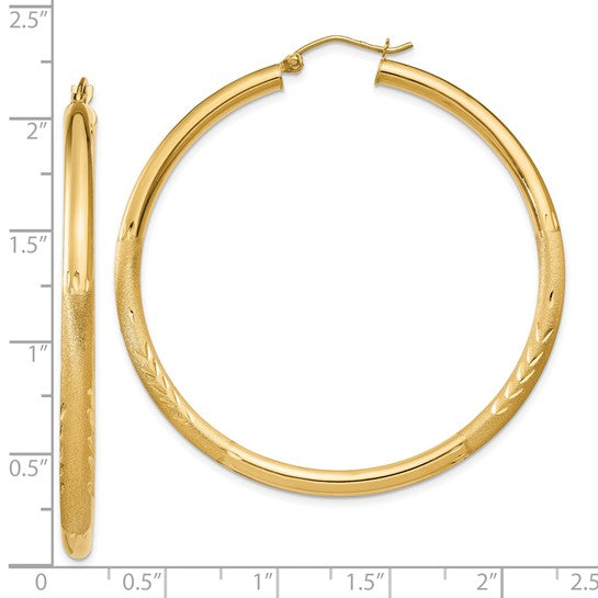 10k yellow gold satin diamond cut round hoop earrings 50mm x 3mm