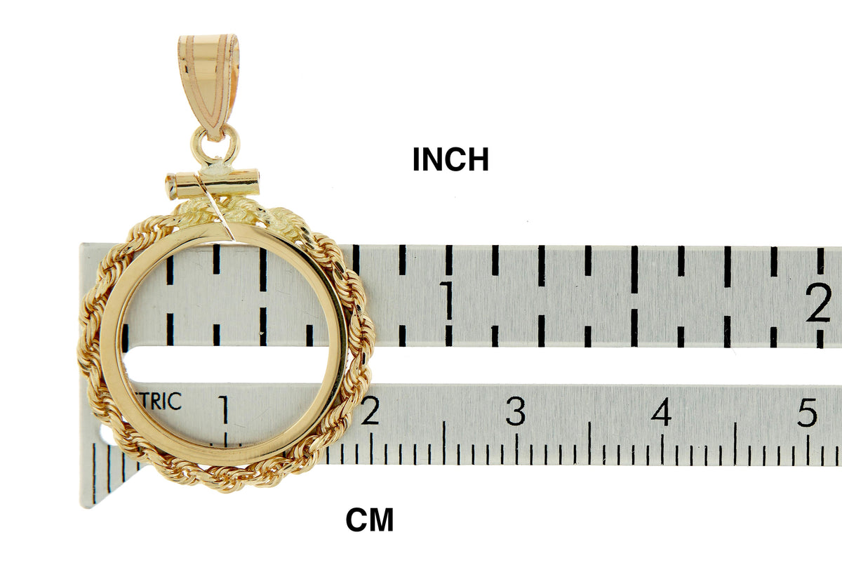 14K Yellow Gold 16 mm Coin Bezel Holder Pendant Charm Rope Edge 1/10 oz Maple Leaf Philharmonic Australian Nugget Kangaroo Screw Top