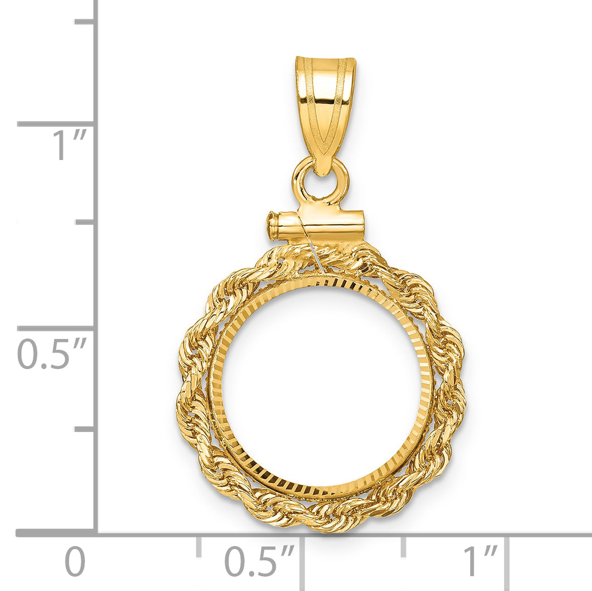 14K Yellow Gold 14 mm Coin Bezel Holder Pendant Charm Diamond Cut Rope Edge 1/20 oz Maple Leaf Panda Kangaroo 1/25 oz Cat Screw Top