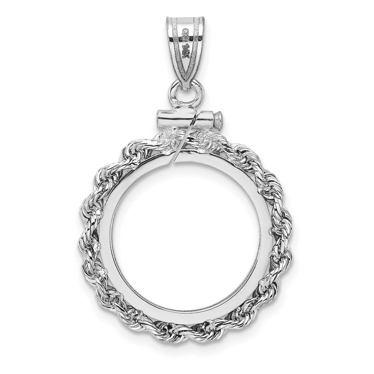 14K White Gold 16.5 mm Coin Bezel Holder Pendant Charm Rope Edge 1/10 oz American Eagle Krugerrand Screw Top