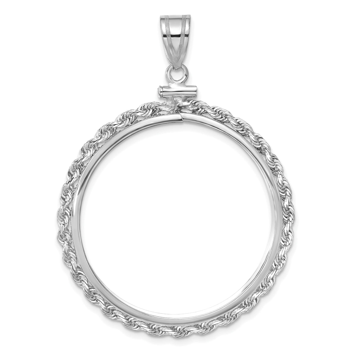 14K White Gold 32.7 mm Coin Bezel Holder Pendant Charm Rope Edge 1 oz American Eagle Cat Krugerrand Screw Top
