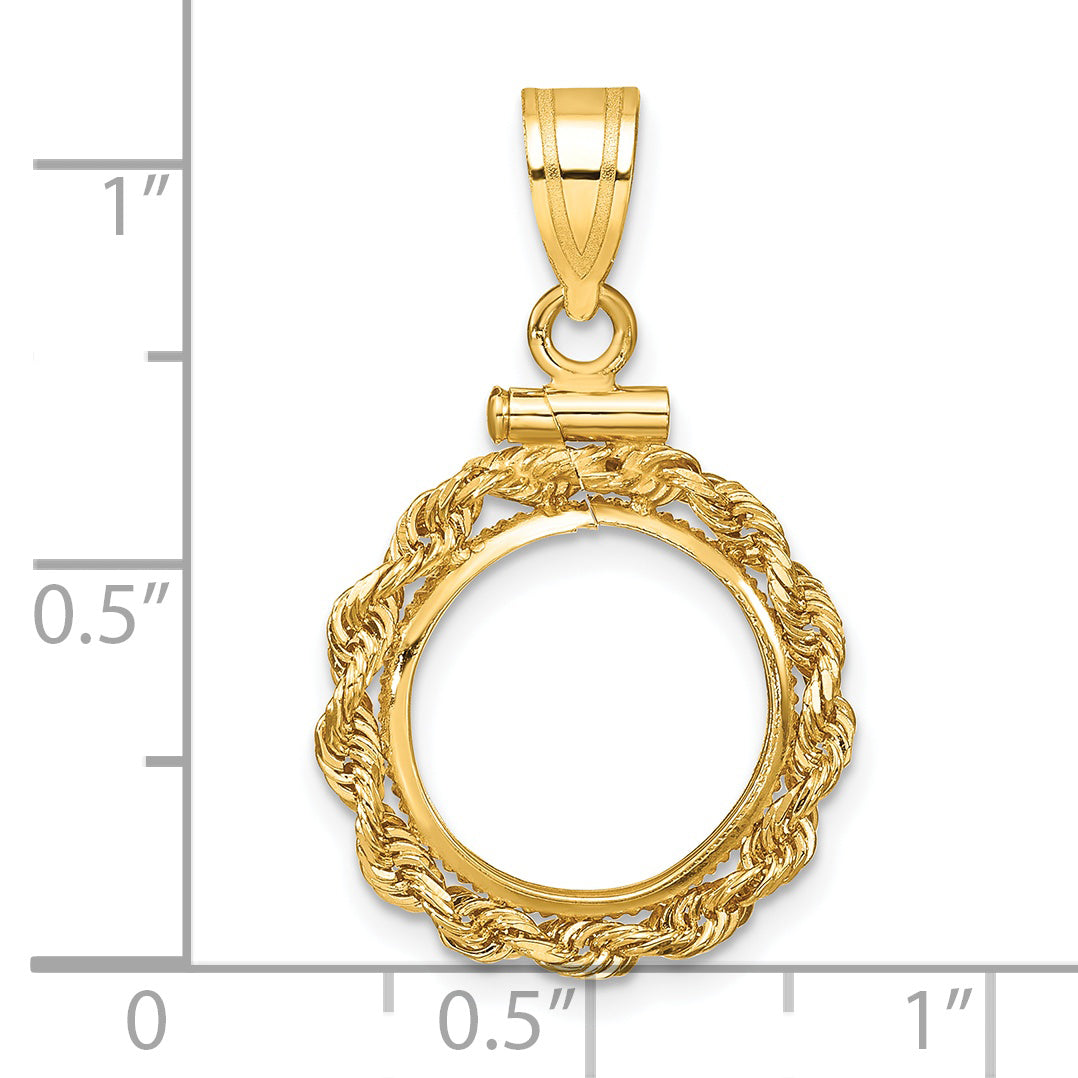 14K Yellow Gold 13 mm Coin Bezel Holder Pendant Charm Rope Edge US $1 Dollar Type 1 and 2 Peso Screw Top