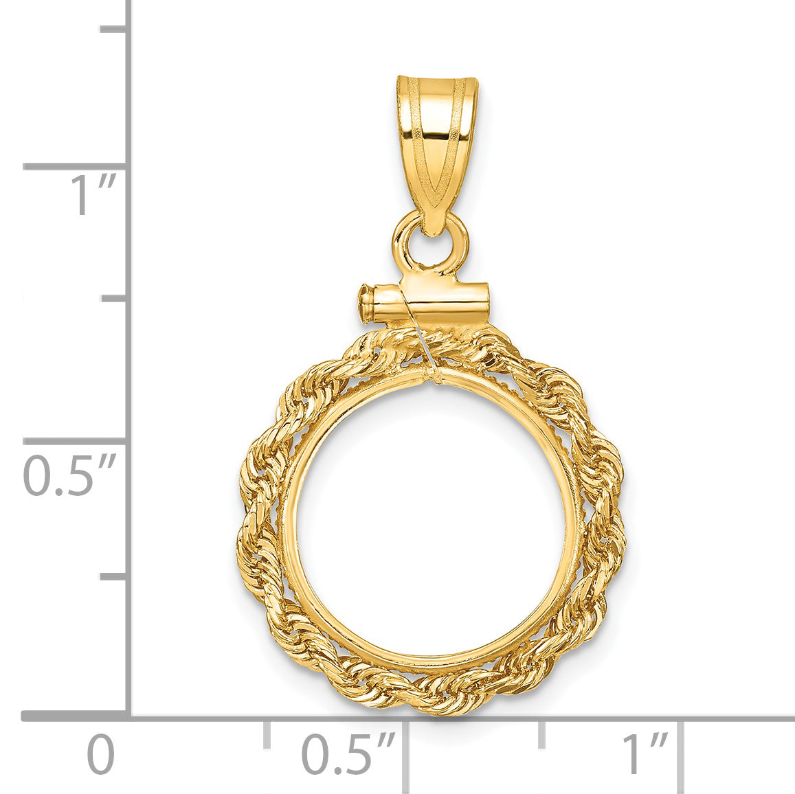 14K Yellow Gold 14 mm Coin Bezel Holder Pendant Charm Rope Edge 1/20 oz Maple Leaf Panda Kangaroo 1/25 oz Cat Screw Top