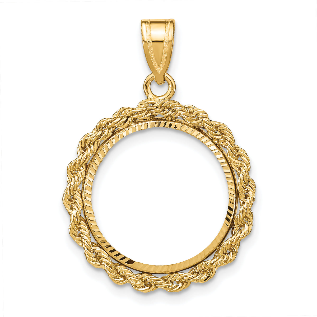 10k yellow gold diamond cut rope edge 1/10 oz american eagle krugerrand coin bezel holder pendant prong fits 16.5 mm coins