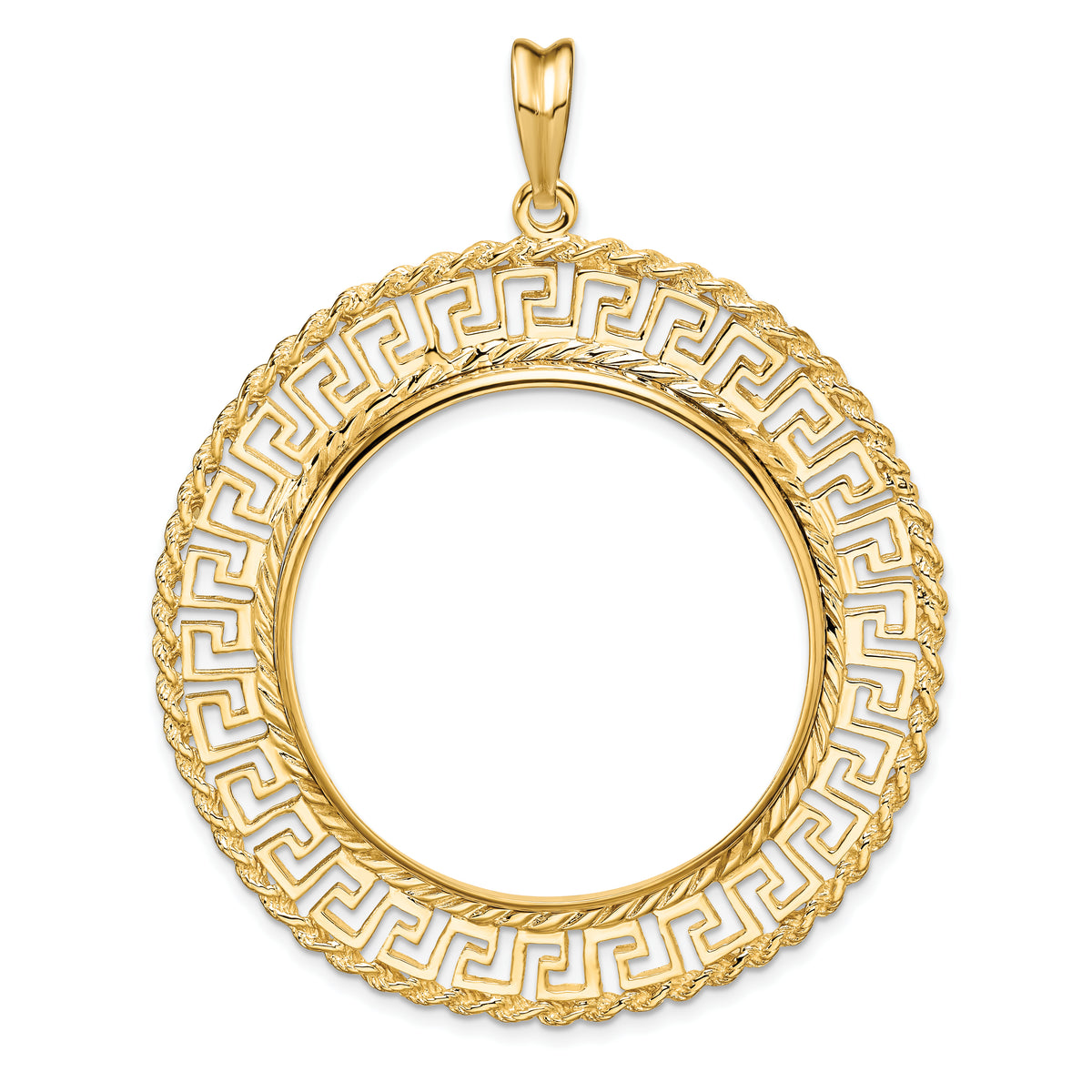 14K Yellow Gold 32.7 mm Coin Bezel Holder Pendant Charm Greek Key Rope 1 oz American Eagle Cat Krugerrand Prong