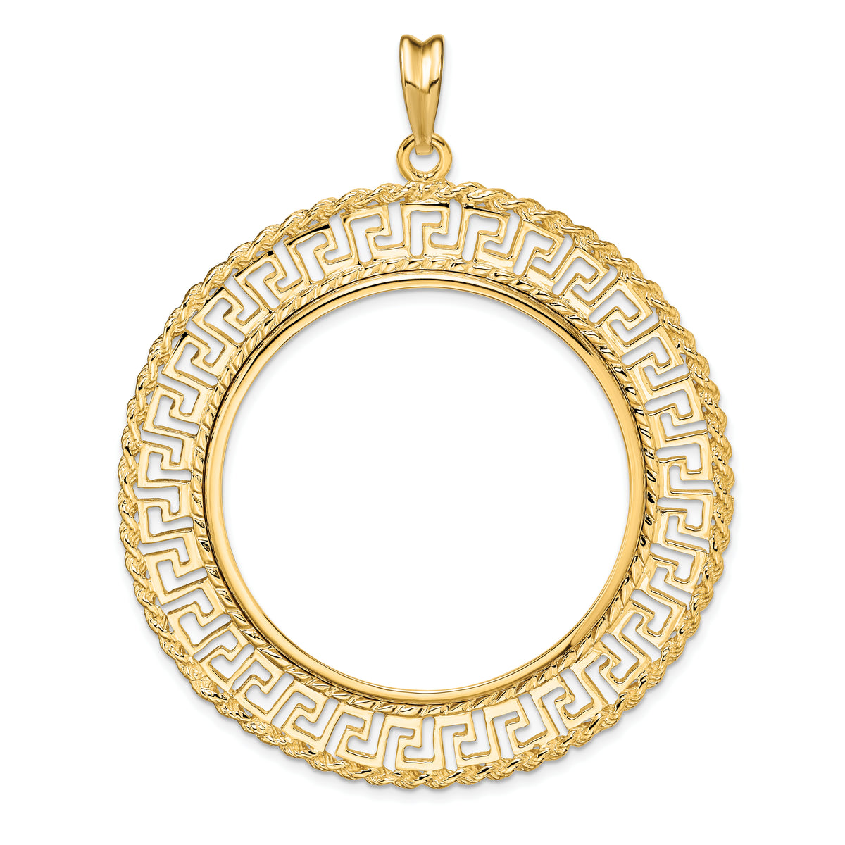 14K Yellow Gold 37 mm Coin Bezel Holder Pendant Charm Greek Key Rope 50 Peso Prong