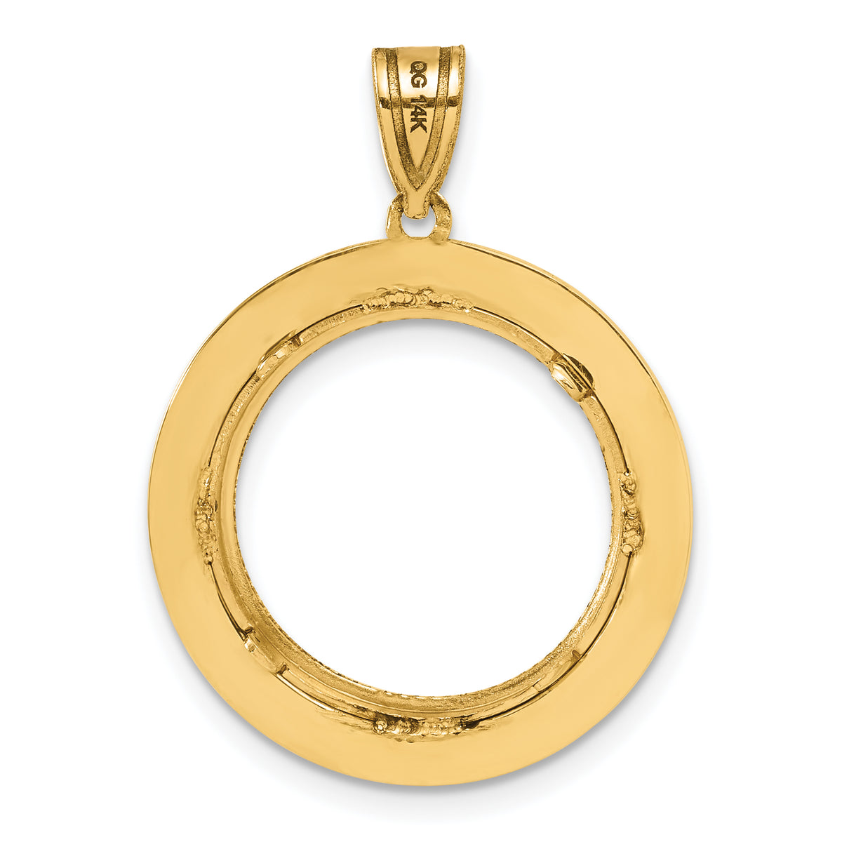 14K Yellow Gold 16.5 mm Coin Bezel Holder Pendant Charm Diamond Cut And Black Enamel Greek Key 1/10 oz American Eagle Krugerrand Prong