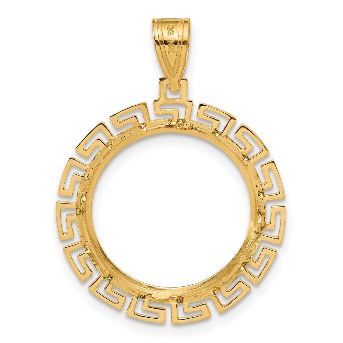 14K Yellow Gold 16.5 mm Coin Bezel Holder Pendant Charm Textured Greek Key 1/10 oz American Eagle Krugerrand Prong