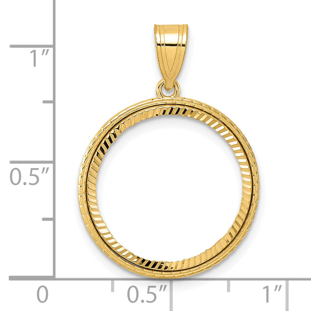 14K Yellow Gold 18 mm Coin Bezel Holder Pendant Diamond Cut Squares US Dime 1/10 oz Panda Cat Prong