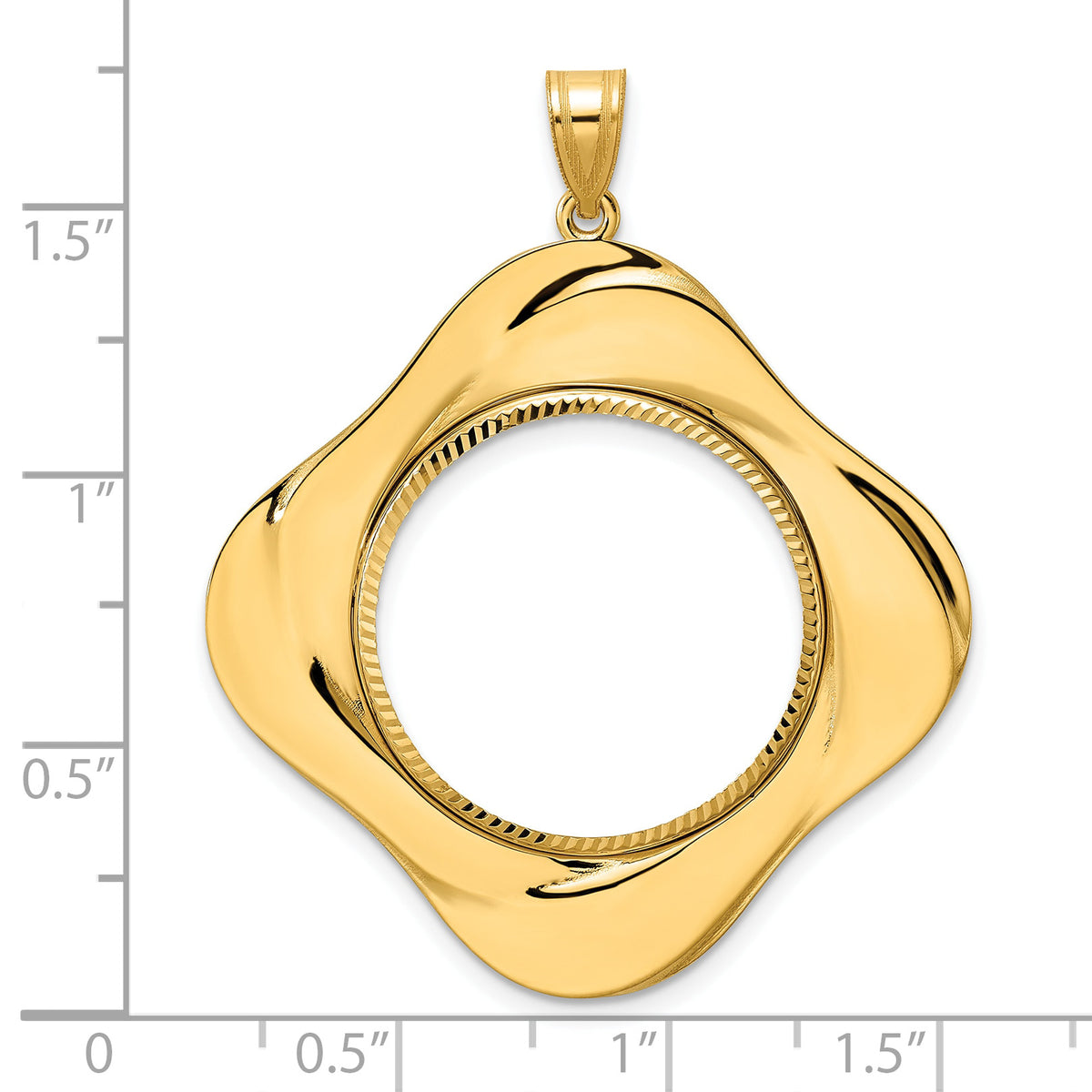 14K Yellow Gold 22 mm Coin Bezel Holder Pendant Diamond Cut Riptide Diagonal Riptide 1/4 oz American Eagle Panda 2 Rand US $5 Jamestown Prong
