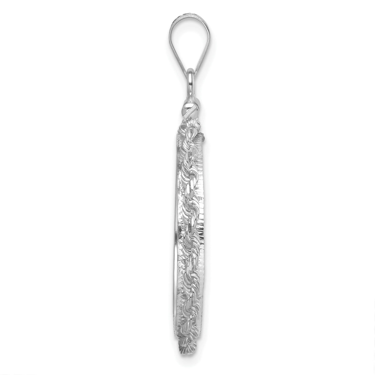 14K White Gold 21.6 mm Coin Bezel Holder Pendant Charm Diamond Cut Rope Edge US $5 Dollar Liberty Indian Statue of Liberty Bald Eagle Congressional Screw Top