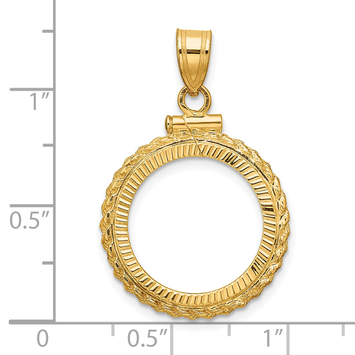 14K Yellow Gold 16.5 mm Coin Bezel Holder Pendant Charm Diamond Cut Rope Edge 1/10 oz American Eagle Krugerrand Screw Top