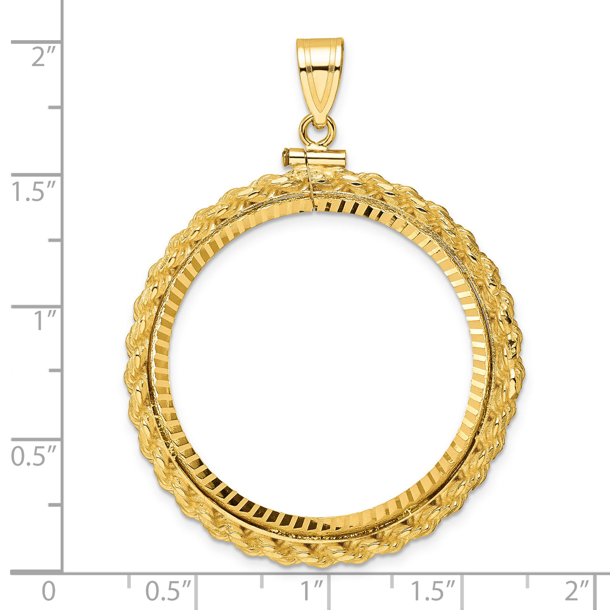 14K Yellow Gold 32.7 mm Coin Bezel Holder Pendant Charm Diamond Cut Rope Edge 1 oz American Eagle Cat Krugerrand Screw Top