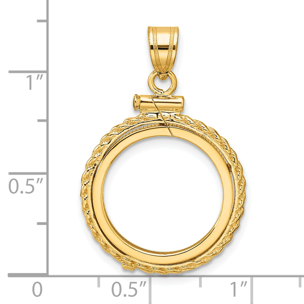 14K Yellow Gold 16.5 mm Coin Bezel Holder Pendant Charm Rope Edge 1/10 oz American Eagle Krugerrand Screw Top