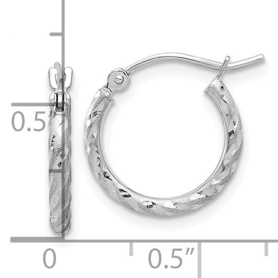 14k white gold polished satin diamond cut round hoop earrings 14mm x 2mm