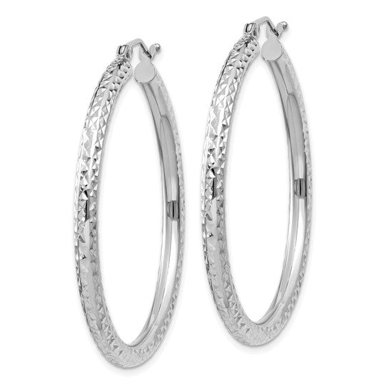 14k white gold diamond cut classic round diameter hoop textured earrings 40mm x 3mm