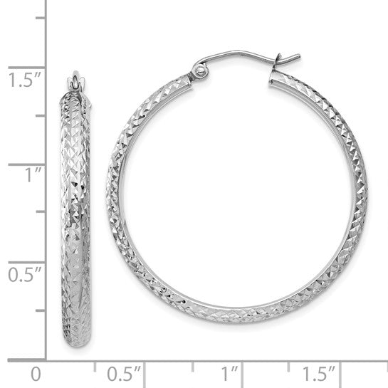 14k white gold diamond cut textured classic round hoop earrings 34mm x 3.5mm