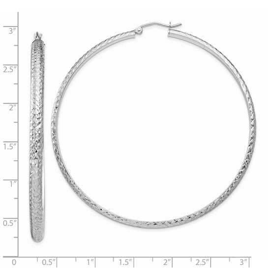14k white gold large diamond cut textured classic round hoop earrings 67mm x 3.5mm