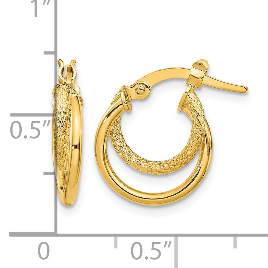 14K Yellow Gold 15.75mm x 3.5mm Textured Double Hoop Earrings