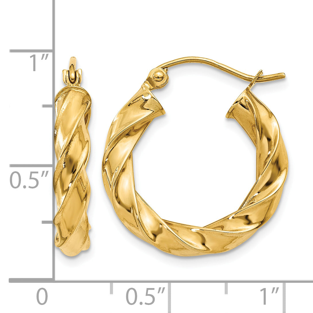 14K Yellow Gold Twisted Round Hoop Earrings 19.5mm x 4mm