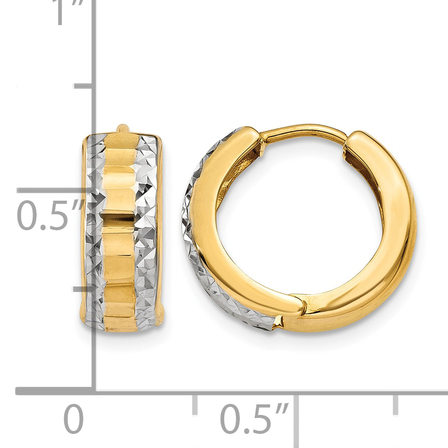 14K Yellow Gold and Rhodium 13mm x 13mm x 5mm Classic Hinged Hoop Huggie Earrings