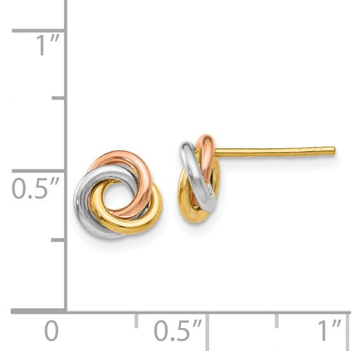 14k gold tri color 7mm love knot post earrings