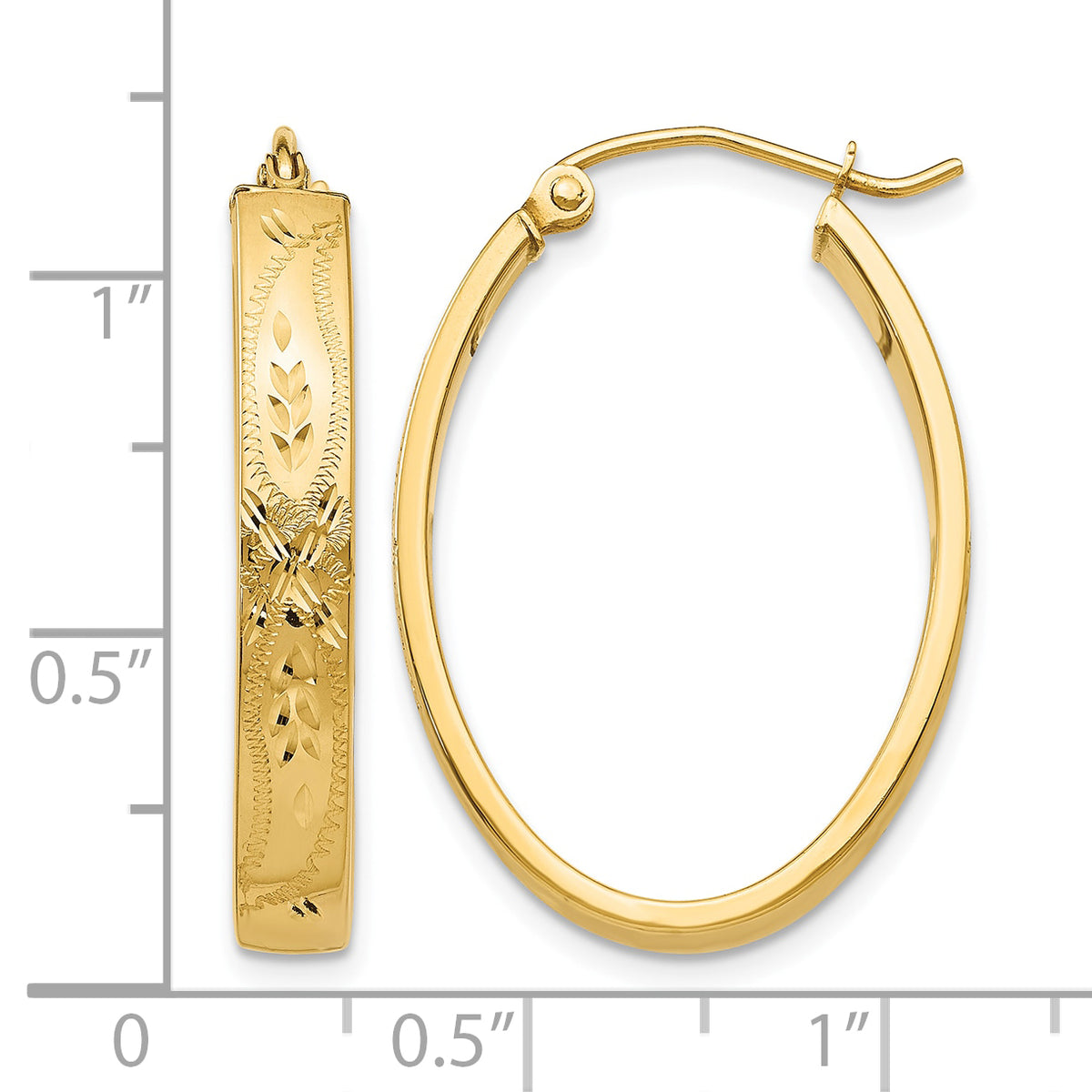14K Yellow Gold 30mm x 21mm x 4mm Floral Design Oval Hoop Earrings