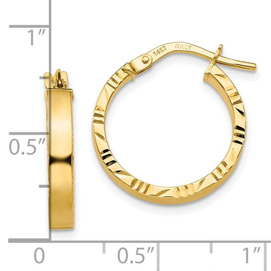 10k yellow gold diamond cut edge round hoop earrings 18mm x 3mm