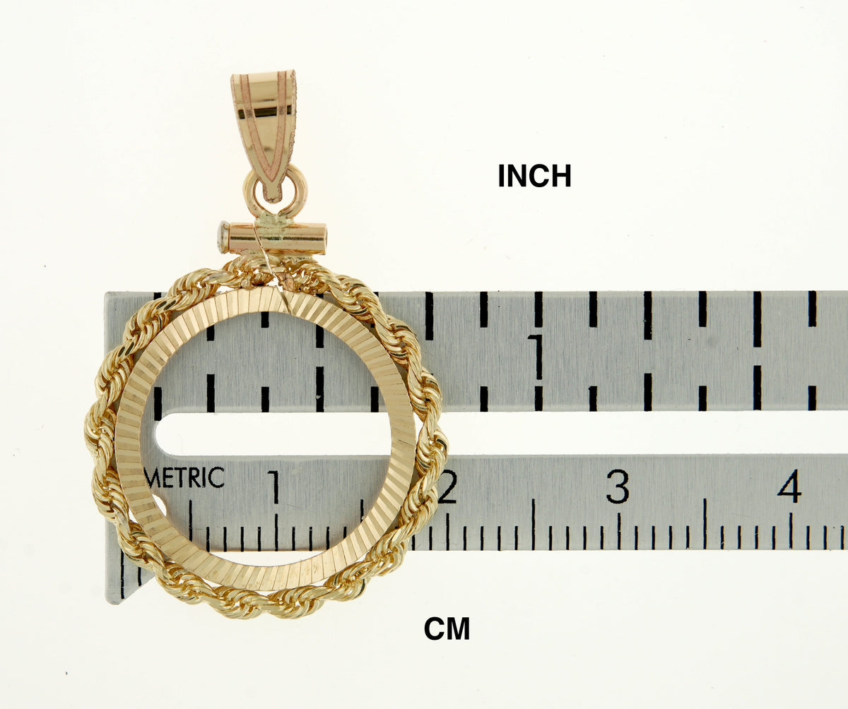 14K Yellow Gold 16.5 mm Coin Bezel Holder Pendant Charm Diamond Cut Rope Edge 1/10 oz American Eagle Krugerrand Screw Top