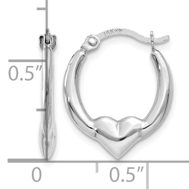 14K White Gold 16mm x 13mm x 2.75mm Heart Hoop Earrings