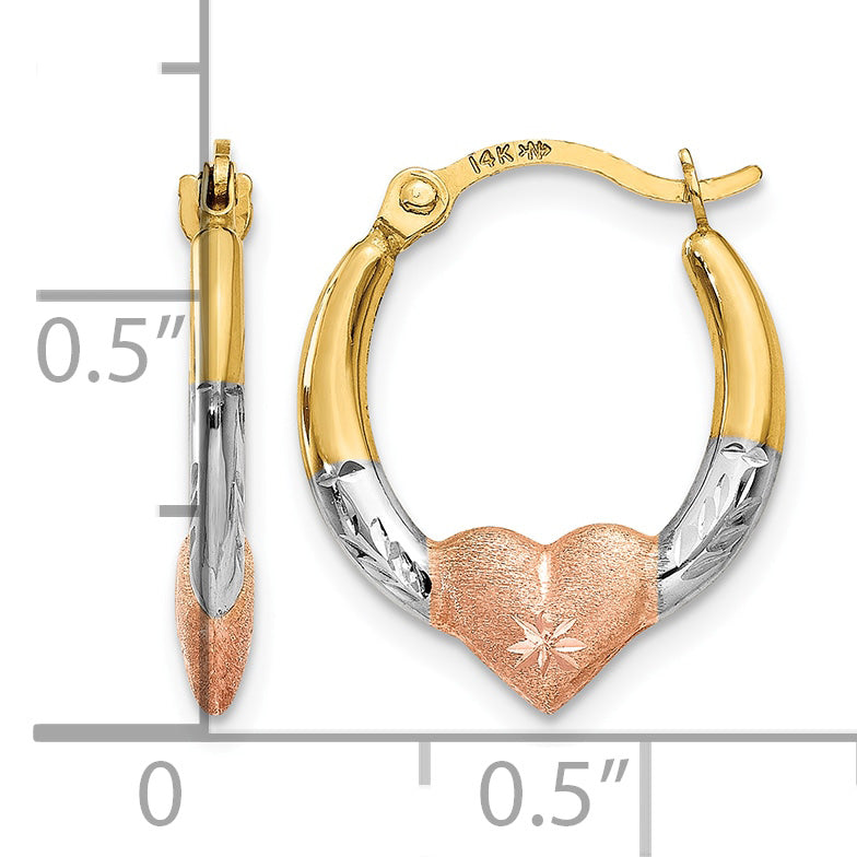 14K Yellow Gold With White & Rose Rhodium 16mm x 14mm x 2mm Diamond Cut Heart Hoop Earrings