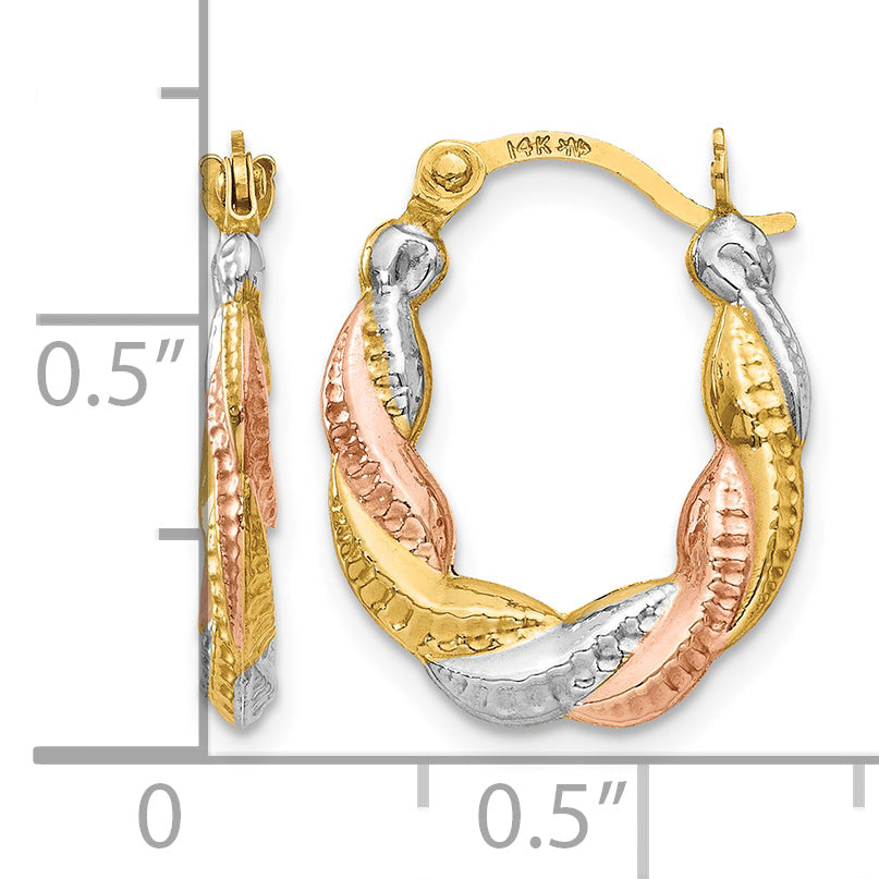 14K Yellow Gold With White & Rose Rhodium 17mm x 13mm x 3mm Textured Scalloped Oval Hoop Earrings