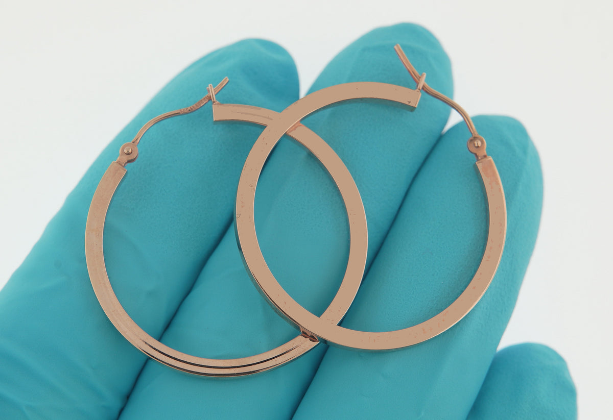 14k rose gold classic square tube round hoop earrings 30mm x 2mm