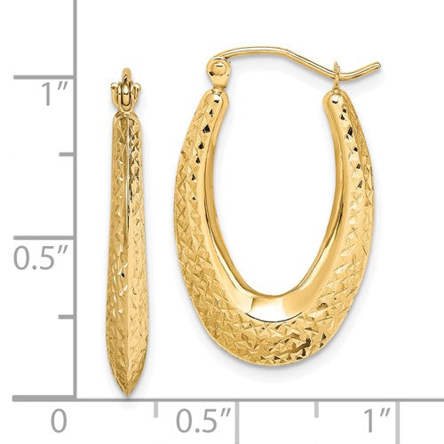 10k yellow gold diamond cut shrimp oval textured hoop earrings 25mm x 16mm