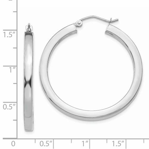 14k white gold square tube round hoop earrings 35mm x 3mm