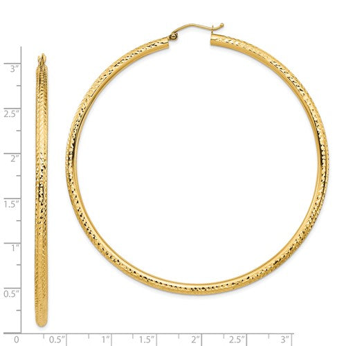 14k yellow gold 2.76 inch extra large giant gigantic diamond cut round classic hoop earrings lightweight 70mm x 3mm