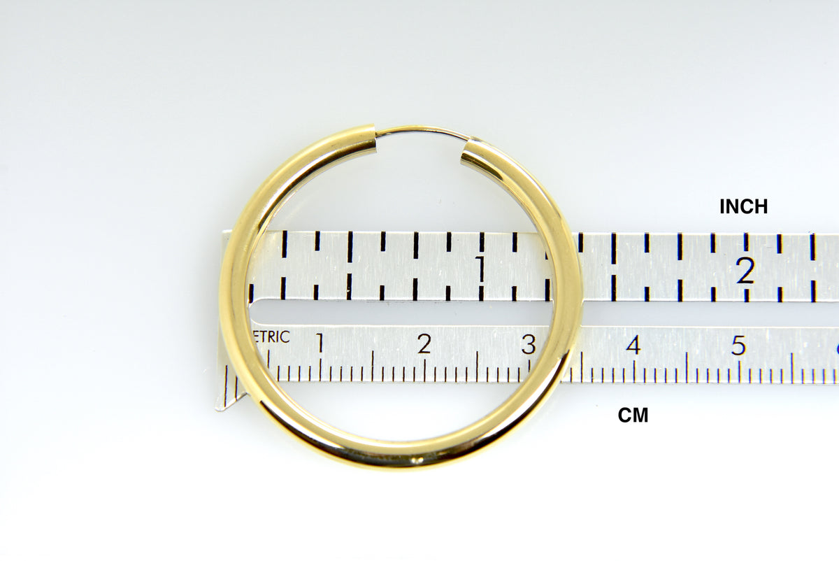 14k yellow gold round endless hoop earrings 35mm x 2.75mm