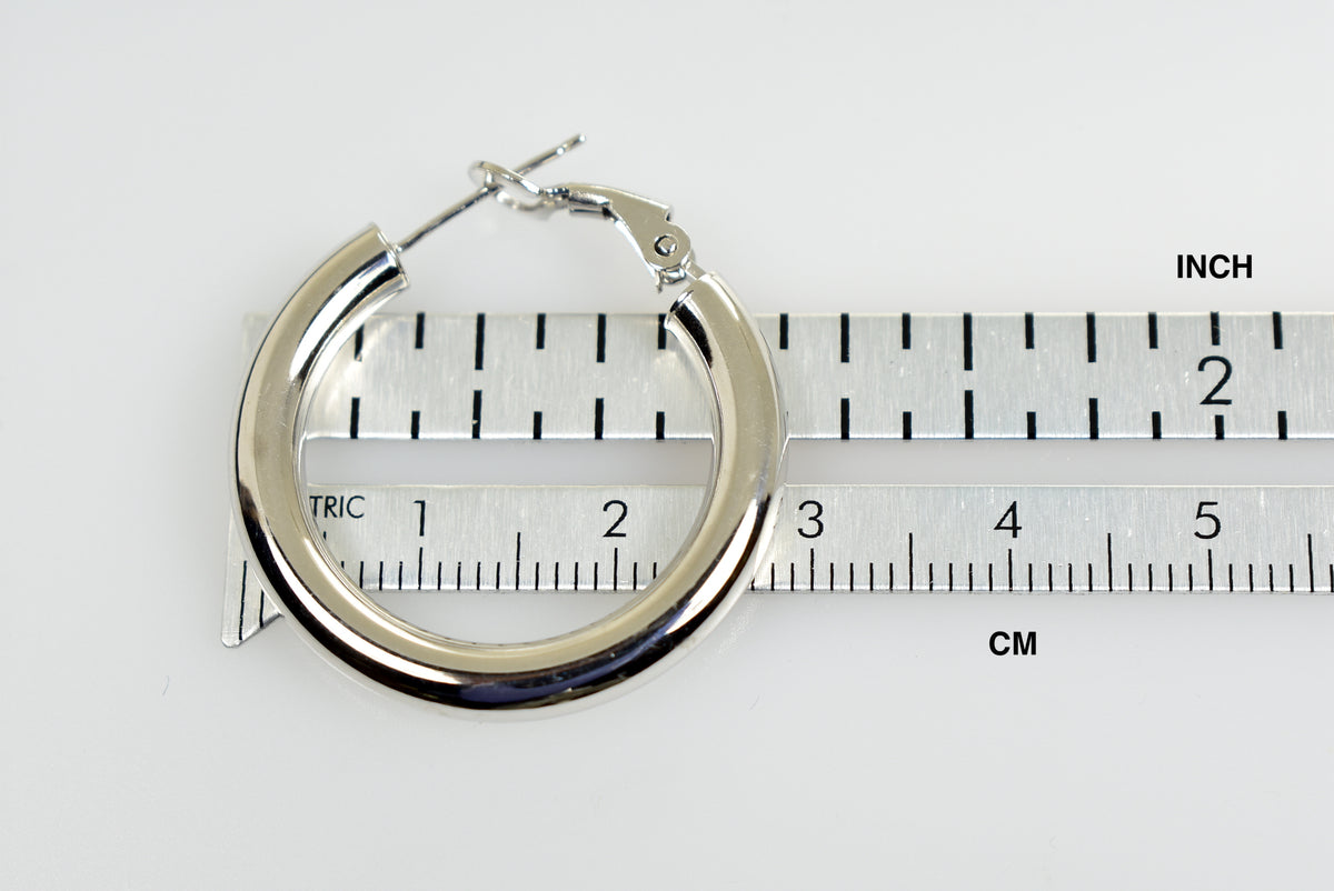 14k white gold round omega back hoop earrings 28mm x 4mm